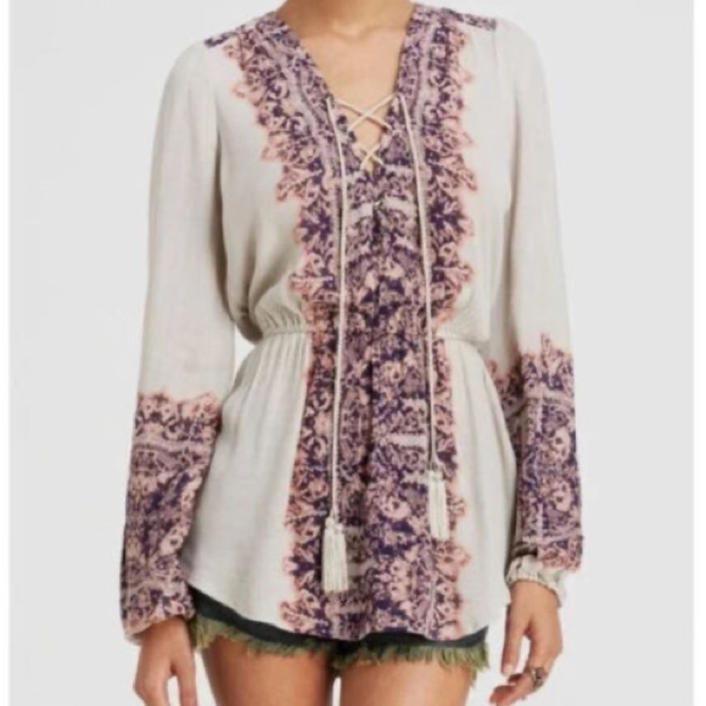 Free People Wildest Moments Tunic Cream and Pink Purple Size Small